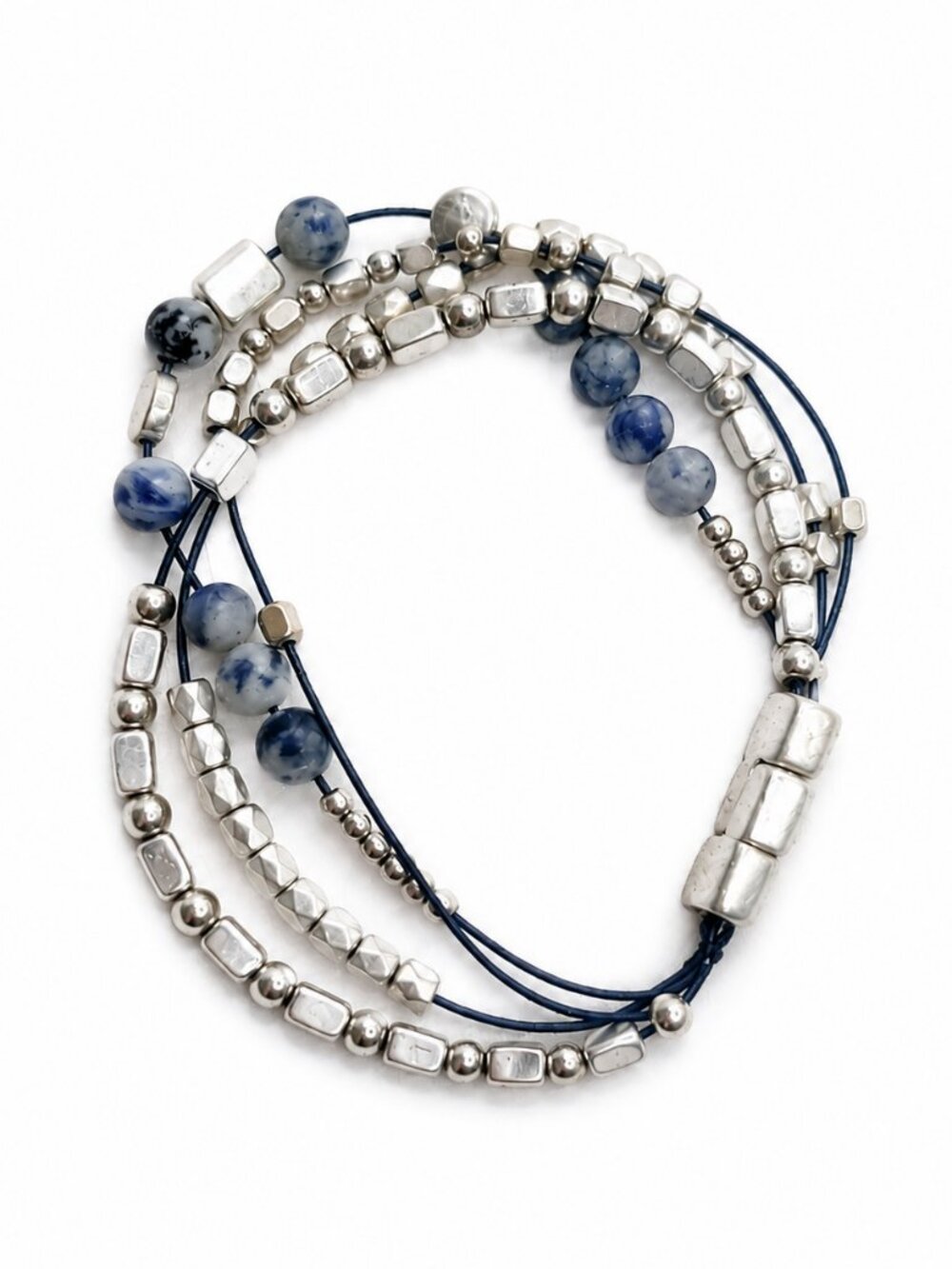 4 Layer Natural Stone Wrap Bracelet Silver Beads Magnetic Clasp Sexy Chic NWT